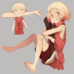 Rule 34 | 1girl, = =, absurdres, bare shoulders, barefoot, blonde hair, blush, commentary, disembodied hand, dress, eating, eccomicco, english commentary, fang, full body, grey background, high heels, highres, holding limb, kizumonogatari, looking at viewer, monogatari (series), oshino shinobu, pink dress, pointy ears, red shorts, shorts, simple background, skin fang, smile, soles, solo, toes, white footwear, yellow eyes