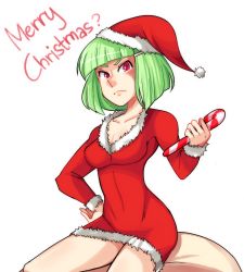 Rule 34 | 1girl, breasts, candy, candy cane, character request, christmas, dress, food, fur trim, green hair, hair ornament, hairclip, hand on own hip, hat, merry christmas, red dress, red eyes, red skirt, sack, santa hat, short hair, shotlancer, sitting, sitting on object, skirt, small breasts, solo