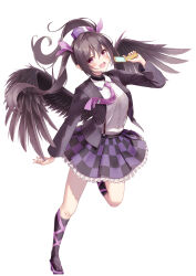 Rule 34 | 1girl, absurdres, bird wings, black feathers, black jacket, black skirt, black socks, black wings, blazer, blush, brown hair, cellphone, checkered clothes, checkered skirt, collared shirt, fang, feathered wings, feathers, frilled skirt, frills, full body, geta, hair between eyes, hat, highres, himekaidou hatate, holding, holding phone, jacket, kneehighs, long hair, long sleeves, messiah &amp; crea, necktie, open clothes, open jacket, open mouth, phone, purple eyes, purple footwear, purple hat, purple necktie, purple skirt, shirt, simple background, skin fang, skirt, smile, socks, solo, tokin hat, touhou, twintails, white background, white shirt, wings