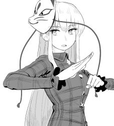 Rule 34 | 1girl, breasts, clenched hand, collared dress, dress, fox mask, frogsnake, greyscale, hands up, hata no kokoro, long hair, long sleeves, looking at viewer, mask, mask on head, monochrome, parted lips, plaid, plaid dress, sidelocks, simple background, solo, touhou, upper body, white background, wing collar