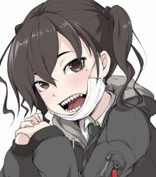 Rule 34 | 1girl, brown eyes, brown hair, close-up, green necktie, hood, hooded jacket, idolmaster, idolmaster cinderella girls, ina (gokihoihoi), jacket, mask, mask pull, mole, mole under eye, mouth mask, necktie, open mouth, own hands clasped, own hands together, sharp teeth, solo, striped, sunazuka akira, surgical mask, teeth, upper body, white background