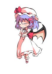 Rule 34 | 1girl, bat wings, blush, bow, chibi, closed eyes, closed mouth, collar, collared dress, dairi, dress, full body, hair between eyes, hands up, hat, hat ribbon, heart, mob cap, no shoes, puffy short sleeves, puffy sleeves, purple hair, red bow, red ribbon, remilia scarlet, ribbon, short hair, short sleeves, simple background, smile, socks, solo, standing, tachi-e, touhou, transparent background, white background, white dress, white hat, white sleeves, white socks, wings, wrist cuffs