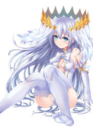 Rule 34 | 1girl, ass, bare shoulders, blue eyes, blush, bow, bowtie, breasts, clothing cutout, commentary request, crown, date a live, dress, elbow gloves, embarrassed, gloves, hair between eyes, hand on own chest, highres, knees together feet apart, knees up, legs, long hair, looking at viewer, medium breasts, miying (13975192760), nervous, no bra, no shoes, panties, see-through, silver hair, sitting, sleeveless, sleeveless dress, solo, thighhighs, thighs, tobiichi origami, underwear, upskirt, veil, very long hair, wavy mouth, white bow, white dress, white gloves, white panties, white thighhighs