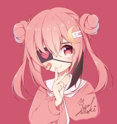 Rule 34 | 1girl, bandaid, bandaid on cheek, bandaid on face, blush, closed mouth, copyright request, crescent, crescent hair ornament, double bun, dress, eyepatch, hair between eyes, hair bun, hair ornament, hand up, heart, highres, long hair, pink dress, pink hair, rabbit hair ornament, red background, red eyes, sailor collar, sailor dress, signature, simple background, smile, solo, twintails, upper body, v, virtual youtuber, white sailor collar, yuutsuki yura