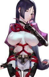Rule 34 | 1girl, armor, black gloves, black hair, blazpu, bodysuit, breasts, covered navel, fate/grand order, fate (series), feet out of frame, fingerless gloves, forehead, gloves, highres, large breasts, lips, long hair, looking at viewer, minamoto no raikou (fate), pelvic curtain, purple bodysuit, smile, solo, very long hair