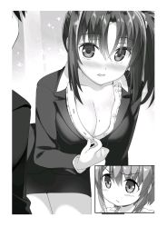 Rule 34 | 1boy, 29 to jk, 2girls, blush, breasts, cleavage, collarbone, dress shirt, greyscale, hair between eyes, hair ornament, highres, jacket, large breasts, leaning forward, long hair, long sleeves, looking at viewer, miniskirt, mole, mole on breast, monochrome, multiple girls, novel illustration, official art, open mouth, pencil skirt, shirt, side ponytail, skirt, yan-yam