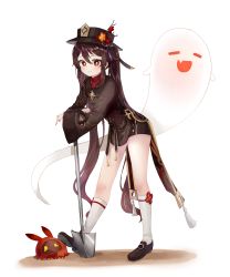 Rule 34 | 1girl, absurdly long hair, absurdres, abyss mage (genshin impact), arm support, bent over, black footwear, black hair, black shorts, buried, chinese clothes, commentary request, flower, full body, genshin impact, ghost, hair between eyes, hat, hat flower, hat ornament, highres, hu tao (genshin impact), kneehighs, long hair, long sleeves, looking at viewer, miyako draw, red eyes, shorts, shovel, sidelocks, simple background, smile, socks, solo, star-shaped pupils, star (symbol), symbol-shaped pupils, twintails, very long hair, white background, white socks, wide sleeves