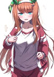 Rule 34 | ..., 1girl, animal ears, blue eyes, blunt bangs, blush, collarbone, commentary request, hair ornament, headband, highres, horse ears, horse tail, itosu200, jacket, looking at viewer, open mouth, orange hair, pants, silence suzuka (umamusume), simple background, solo, sweat, tail, track jacket, track pants, umamusume, white background