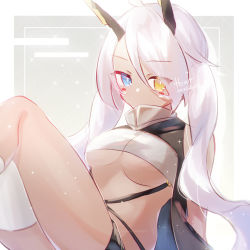 Rule 34 | 1girl, asymmetrical legwear, azur lane, bandeau, blue eyes, breasts, bright pupils, cleavage, commentary request, dark skin, dated, facepaint, feet out of frame, fuurin hino513, hair between eyes, headgear, heterochromia, highres, indianapolis (azur lane), long hair, looking at viewer, medium breasts, pink hair, signature, solo, turtleneck, underboob, uneven legwear, very long hair, white bandeau, white pupils, yellow eyes