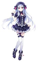 Rule 34 | 1girl, absurdres, black dress, bow, bowtie, choker, dress, fairy fencer f, frilled skirt, frills, gothic lolita, hair bow, hairband, highres, jewelry, lolita fashion, lolita hairband, long hair, official art, puffy short sleeves, puffy sleeves, red eyes, ribbon, short sleeves, simple background, skirt, solo, thigh strap, thighhighs, tiara (fairy fencer f), tsunako, white background, white hair, white thighhighs