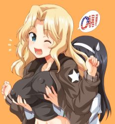 Rule 34 | 2girls, ;d, black hair, black shirt, blonde hair, blue eyes, grabbing another&#039;s breast, breasts, brown jacket, commentary, covered erect nipples, emblem, english text, flag print, girls und panzer, grabbing, grabbing from behind, groping, hagiya masakage, hair intakes, hairband, jacket, kay (girls und panzer), large breasts, long hair, long sleeves, looking at viewer, midriff, military, military uniform, multiple girls, notice lines, one eye closed, ooarai school uniform, open mouth, orange background, reizei mako, saunders military uniform, school uniform, shirt, simple background, smile, speech bubble, standing, star (symbol), sweatdrop, uniform, w arms, white background, white hairband