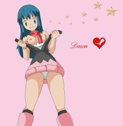 Rule 34 | 1girl, bad anatomy, black shirt, black socks, blouse, blue eyes, blue hair, boots, breasts, character name, clothes pull, creatures (company), dawn (pokemon), english text, game freak, jpeg artifacts, kneehighs, legs apart, looking at viewer, matching hair/eyes, miniskirt, nintendo, nipples, no bra, panties, pink background, pokemon, pokemon (anime), pokemon dppt (anime), poorly drawn, pulled by self, retro artstyle, rubber boots, scarf, self-upload, shirt, simple background, skirt, sleeveless, sleeveless shirt, small breasts, smile, socks, solo, standing, underwear, undressing