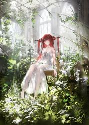 Rule 34 | 1girl, abandoned, absurdres, bare arms, bare shoulders, barefoot, breasts, bush, chair, cleavage, closed mouth, collarbone, commentary request, dress, full body, gawako, grass, highres, horns, indoors, light particles, long hair, medium breasts, original, overgrown, red eyes, red hair, ruins, see-through, see-through dress, sitting, sleeveless, sleeveless dress, solo, strap slip, white dress