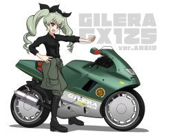 Rule 34 | 1girl, :d, absurdres, anchovy (girls und panzer), anzio (emblem), anzio military uniform, black necktie, black ribbon, boots, clothes around waist, commentary request, country connection, drill hair, emblem, gilera cx125, girls und panzer, green hair, grey pants, hair ribbon, hand on own hip, head tilt, highres, jacket, jacket around waist, kano (nakanotakahiro1029), knee boots, logo, long hair, looking at viewer, motor vehicle, motorcycle, necktie, open mouth, outstretched arm, pants, pants tucked in, partial commentary, red eyes, ribbon, shadow, simple background, sleeves rolled up, smile, solo, translated, twin drills, twintails, white background