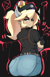 Rule 34 | 1girl, ass, belt, black gloves, black shirt, blonde hair, blue eyes, blue pants, bowsette, commentary, cropped legs, crown, denim, english commentary, eyelashes, from behind, gloves, hat, highres, holster, horns, jeans, long hair, looking back, mario (series), new super mario bros. u deluxe, nintendo, pants, pointy ears, police, police hat, police uniform, policewoman, ponytail, postblue98, shirt, shoulder holster, sleeves pushed up, solo, super crown, thick eyebrows, uniform