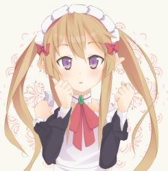 Rule 34 | 10s, 1girl, apron, blonde hair, blush, brooch, brown hair, choker, detached sleeves, dress, elf, frilled dress, frilled sleeves, frills, hands up, highres, jewelry, long hair, looking at viewer, maid, maid apron, maid headdress, maymin, myucel foalan, outbreak company, pointy ears, purple eyes, red ribbon, ribbon, ringed eyes, simple background, smile, solo, twintails, upper body, very long hair, yellow background