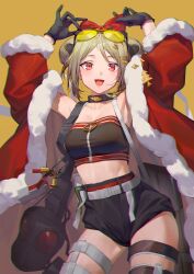 Rule 34 | 1girl, absurdres, bell, black gloves, black shorts, bow, breasts, choker, coat, commission, cowboy shot, crop top, double bun, eyewear on head, fur-trimmed coat, fur trim, gas mask, girls&#039; frontline, gloves, green hair, hair bow, hair bun, hair ornament, hairclip, highres, jingle bell, mask, medium breasts, open mouth, p90 (girls&#039; frontline), p90 (scarlet turbo) (girls&#039; frontline), pixiv commission, red bow, red coat, red eyes, ren huozhe, short hair, shorts, smile, solo, star (symbol), star hair ornament, sunglasses, yellow background