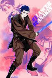 Rule 34 | 1boy, aged down, aged up, anakin skywalker, anakin skywalker (cosplay), blue hair, braid, cosplay, cu chulainn (fate), cu chulainn (fate/stay night), energy sword, fate/stay night, fate (series), fusion, gradient background, jedi, lightsaber, mil01, multiple persona, multiple views, ponytail, projected inset, red eyes, star wars, sword, weapon