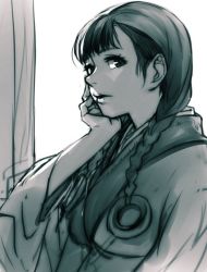 Rule 34 | 1girl, asano rin, blade of the immortal, braid, breasts, greyscale, hair ornament, head rest, hungry clicker, japanese clothes, kimono, long hair, looking at viewer, medium breasts, monochrome, parted lips, solo, twin braids, upper body