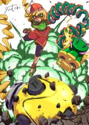 Rule 34 | 1girl, arms (game), beanie, blonde hair, chest guard, debris, domino mask, dragon (arms), explosion, eye mask, green eyes, green footwear, hat, highres, leggings under shorts, mask, megawatt (arms), min min (arms), orange shirt, orange shorts, shirt, shoes, short hair, shorts, signature, sneakers, solo, you bird