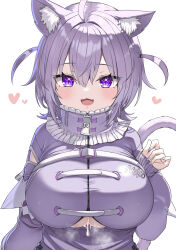 Rule 34 | after paizuri, ahoge, animal ears, breasts, cat ears, cat girl, cat tail, cum, cum on body, cum on breasts, cum on upper body, fang, has artifacted revision, has bad revision, heart, highres, hololive, jacket, long hair, nekomata okayu, nekomata okayu (membership), open mouth, purple eyes, purple hair, short twintails, simple background, skin fang, smile, tail, takimoto yukari, twintails, upper body, virtual youtuber, white background, zipper pull tab
