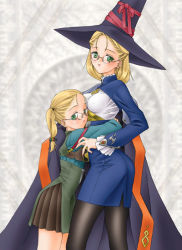 Rule 34 | 2girls, age difference, blonde hair, delta-e, glasses, green eyes, hat, hug, multiple girls, pantyhose, pencil skirt, skirt, witch hat