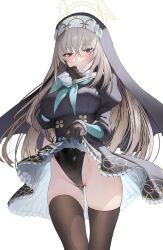 Rule 34 | 1girl, aqua neckerchief, black dress, black gloves, black leotard, black thighhighs, blue archive, blush, breasts, closed mouth, clothes lift, commentary, cowboy shot, crossed bangs, dress, gloves, grey hair, habit, hair between eyes, halo, hand on own face, highleg, highleg leotard, highres, juliet sleeves, large breasts, leotard, leotard under clothes, lifted by self, light smile, long sleeves, looking at viewer, narrowed eyes, neckerchief, nun, petticoat, puffy long sleeves, puffy sleeves, red eyes, sakurako (blue archive), simple background, skirt, skirt lift, solo, standing, thigh gap, thighhighs, udaruyo, white background