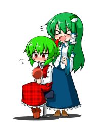 Rule 34 | &gt; &lt;, 2girls, :d, > <, alternate hairstyle, barber chair, blush, boots, bow, collared shirt, detached sleeves, closed eyes, flying sweatdrops, frog hair ornament, green hair, hair bow, hair ornament, hair tubes, hand mirror, height difference, kazami yuuka, kochiya sanae, laughing, long hair, long skirt, mirror, multiple girls, open mouth, plaid, plaid skirt, plaid vest, ponytail, red eyes, shirt, short hair, sitting, skirt, smile, snake hair ornament, stool, sumiya nadateru, sweatdrop, touhou, triangle mouth, unmoving pattern, very long hair, vest, xd