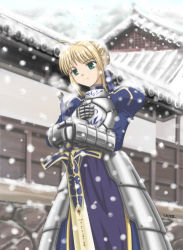 Rule 34 | 1girl, ahoge, architecture, armor, armored dress, artoria pendragon (fate), bad id, bad pixiv id, blonde hair, breastplate, caliburn (fate), dress, east asian architecture, fate/stay night, fate (series), faulds, gauntlets, green eyes, hair ribbon, ribbon, saber (fate), saver (artbysaver), saver (artist), snow, solo, standing, sword, weapon