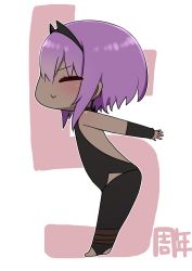 Rule 34 | 1girl, :&gt;, text background, bare shoulders, black bodysuit, blush, bodysuit, chibi, closed eyes, closed mouth, dark-skinned female, dark skin, fate/prototype, fate/prototype: fragments of blue and silver, fate (series), from side, full body, hair between eyes, hassan of serenity (fate), highres, i.u.y, leaning forward, no shoes, outstretched arm, profile, purple hair, sidelocks, solo, standing, stirrup legwear, toeless legwear, translation request, white background