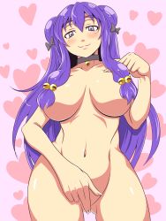 Rule 34 | 1girl, bad id, bad pixiv id, blush, breasts, censored, convenient censoring, covering privates, covering crotch, double bun, female focus, hair censor, hair over breasts, heart, highres, kara age, large breasts, long hair, navel, nude, nude cover, purple eyes, purple hair, ranma 1/2, shampoo (ranma 1/2), smile, solo
