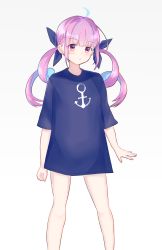 Rule 34 | 1girl, ahoge, anchor, blue shirt, blush, braid, colored inner hair, commentary request, hair ribbon, highres, hololive, long hair, looking at viewer, minato aqua, multicolored hair, panipo2501, purple eyes, purple hair, ribbon, shirt, simple background, solo, twintails, two-tone hair, virtual youtuber, white background