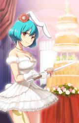 Rule 34 | 07th expansion, 1girl, animal ears, aqua hair, bare shoulders, blush, breasts, rabbit ears, rabbit tail, cake, chiester410, chiester sisters, cleavage, dress, flower, food, gloves, hair flower, hair ornament, jewelry, konoe (vis9191), looking at viewer, necklace, no naku koro ni (series), red eyes, rose, smile, solo, sword, tail, tattoo, umineko no naku koro ni, weapon, wedding cake, white dress, white gloves