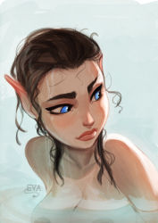 Rule 34 | 1girl, alfie (alfie), alfie (comic), alphanea tolman, bathing, blue eyes, breasts, brown hair, cleavage, eva solo, eyebrows, large breasts, lips, long hair, nose, nude, partially submerged, pointy ears, portrait, solo, thick eyebrows, upper body, wet