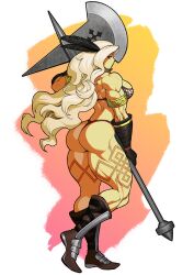 Rule 34 | 1girl, amazon (dragon&#039;s crown), armlet, armor, ass, axe, bikini armor, blonde hair, boots, dragon&#039;s crown, feather hair ornament, feathers, frown, gloves, hair ornament, long hair, looking back, muscular, muscular female, pokkuti, solo