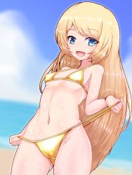 Rule 34 | 1girl, bikini, bikini pull, blonde hair, blue eyes, breasts, cameltoe, clothes pull, collarbone, commentary request, cowboy shot, double zeta, gold bikini, highres, jervis (kancolle), kantai collection, long hair, looking at viewer, small breasts, smile, solo, standing