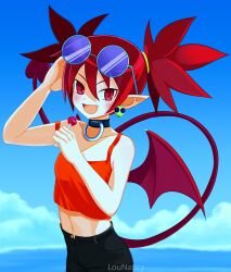 Rule 34 | 1girl, :d, adjusting eyewear, adjusting hair, artist name, bare shoulders, black choker, black skirt, blue-tinted eyewear, blue sky, blush, breasts, camisole, candy, choker, cleavage, cloud, collarbone, commentary, cowboy shot, crop top, demon girl, demon tail, demon wings, disgaea, earrings, english commentary, etna (disgaea), eyewear on head, fang, food, hair between eyes, hair up, hand up, highres, holding, holding candy, holding food, holding lollipop, jewelry, lollipop, looking at viewer, lounaticy, midriff, navel, o-ring, o-ring choker, ocean, open fly, open mouth, outdoors, pointy ears, red camisole, red eyes, red hair, red tail, red wings, round eyewear, scrunchie, skirt, skull earrings, sky, sleeveless, slit pupils, small breasts, smile, solo, strap slip, sunglasses, tail, tinted eyewear, twintails, unbuttoned, v-shaped eyebrows, wings, yellow scrunchie