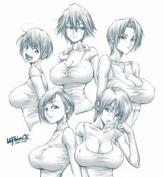 Rule 34 | 1girl, breasts, cleavage, collared shirt, dated, from side, frown, greyscale, hair between eyes, hair intakes, head tilt, highres, jewelry, large breasts, monochrome, multiple views, narrow waist, necklace, no bra, open mouth, original, shirt, short hair, short sleeves, swept bangs, taut clothes, taut shirt, unbalance