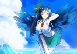 Rule 34 | 1girl, arm behind head, arm cannon, arm up, armpits, bird wings, black hair, blue sky, bow, breasts, cannon, cleavage, control rod, feathered wings, feathers, green skirt, grin, hair bow, highres, long hair, medium breasts, navel, red eyes, reiuji utsuho, sinzan, skirt, sky, smile, solo, swimsuit, third eye, touhou, weapon, wings