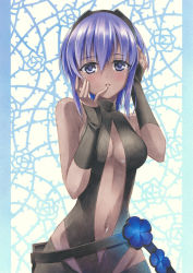 Rule 34 | 1girl, bare shoulders, blush, breasts, cleavage, dark skin, dark-skinned female, fate/grand order, fate/prototype, fate/prototype: fragments of blue and silver, fate (series), flower, hassan of serenity (fate), looking at viewer, marker (medium), navel, purple eyes, purple hair, short hair, solo, traditional media, yuto cafe