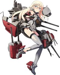 Rule 34 | 10s, 1girl, armband, bismarck (kancolle), bismarck kai (kancolle), blonde hair, blush, boots, breasts, brown gloves, cannon, cross, detached sleeves, full body, gloves, grey eyes, grey footwear, grey thighhighs, hat, unworn hat, unworn headwear, iron cross, kantai collection, long hair, mecha musume, official art, open mouth, panties, peaked cap, shimada fumikane, side-tie panties, solo, thighhighs, torn clothes, torn thighhighs, transparent background, underwear