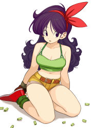 Rule 34 | 1girl, absurdres, bare shoulders, breasts, bullet, cleavage, commentary request, curly hair, dragon ball, dragon ball (classic), fingerless gloves, full body, gloves, hair ribbon, hairband, highres, long hair, looking at viewer, lunch (dragon ball), lunch (good) (dragon ball), medium breasts, midriff, navel, purple eyes, purple hair, red footwear, red hairband, ribbon, rokoido12, shoes, shorts, simple background, sitting, solo, white background, yellow shorts