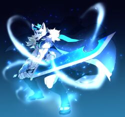 Rule 34 | 1boy, animal ear fluff, animal ears, aura, bara, blue cape, blue doggo (ttn), blue fur, blue hair, blue theme, cape, dog boy, dog ears, fighting stance, full body, furry, furry male, highres, light particles, male focus, muscular, muscular male, original, short hair, solo, standing, sword, thick eyebrows, ttn (239 239), two-handed sword, two-tone fur, v-shaped eyebrows, weapon, white fur