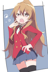 Rule 34 | 1girl, aisaka taiga, black neckwear, black thighhighs, blue background, blue skirt, blush, bolo tie, border, bright pupils, brown eyes, brown hair, bubble, collared shirt, dutch angle, female focus, hair between eyes, hand on own hip, hand up, ixy, jacket, long hair, long sleeves, open mouth, outside border, pleated skirt, raised eyebrow, red jacket, shirt, sidelocks, simple background, skirt, solo, teardrop, teeth, thigh gap, thighhighs, toradora!, upper teeth only, v-shaped eyebrows, very long hair, white border, white pupils, white shirt, yawning, zettai ryouiki