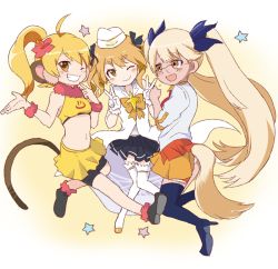 Rule 34 | 10s, 3girls, :d, ahoge, animal ears, bike shorts, blonde hair, boots, bow, coat, color connection, crop top, dog tail, double v, etotama, flower, glasses, grin, hair flower, hair ornament, hair ribbon, happy, hat, high heels, highres, hikaru (houkago no pleiades), houkago no pleiades, kii-tan, long hair, midriff, monkey ears, monkey tail, multiple girls, navel, one eye closed, open mouth, ponytail, quriltai, retoree (show by rock!!), ribbon, season connection, shorts, shorts under skirt, show by rock!!, skirt, smile, star (symbol), tail, thigh boots, thighhighs, twintails, v, very long hair, white legwear, yellow eyes