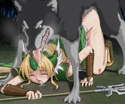 Rule 34 | 1girl, all fours, bestiality, blonde hair, blood, clothed sex, doggystyle, closed eyes, kneeling, long hair, outdoors, polearm, rape, riesz, saliva, seiken densetsu, seiken densetsu 3, sex, sex from behind, spear, tears, top-down bottom-up, torn clothes, vaginal, weapon, wolf