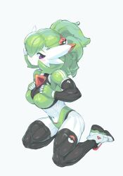 Rule 34 | 1girl, absurdres, alternate eye color, alternate hairstyle, black thighhighs, blush, breasts, closed mouth, colored skin, creatures (company), crop top, female focus, fingerless gloves, full body, game freak, gardevoir, gen 3 pokemon, gloves, green gloves, green hair, green panties, green shirt, grey background, hair ornament, hair over one eye, hair tie, hairclip, half-closed eyes, hands on own chest, hands up, happy, highres, kneeling, large breasts, layered sleeves, long hair, long sleeves, looking at viewer, navel, nintendo, one eye covered, panties, personification, poke ball symbol, poke ball theme, pokemon, pokemon (creature), ponytail, purple eyes, shirt, shoes, simple background, skin tight, smile, sneakers, solo, stomach, thighhighs, toned, tyson tan, underwear, white footwear, white skin