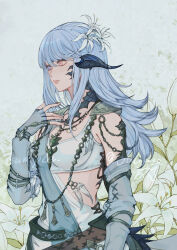 Rule 34 | 1girl, absurdres, armlet, au ra, blue eyes, blue hair, detached sleeves, dragon horn, dragon tail, final fantasy, final fantasy xiv, floral background, flower, gloves, hair flower, hair ornament, hand on own chest, heterochromia, highres, huizhoumao, light blue hair, lips, long bangs, long hair, looking to the side, multiple bracelets, multiple necklaces, open mouth, partially fingerless gloves, red eyes, scales, shoulder pads, solo, tail, tank top, teeth, upper body, upper teeth only, white tank top