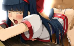 Rule 34 | 1girl, ass, bent over, black hair, blush, bottomless, breasts, butt crack, clothed female nude male, crying, cum, cum on body, cum on lower body, cumdrip, drooling, closed eyes, hair ornament, highres, japanese clothes, legs, long hair, nakoruru, nipples, nude, open clothes, open mouth, saliva, samurai spirits, sex, small breasts, snk, solo focus, sweat, table, tears, teitetsu kishidan, thighs, vaginal