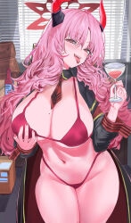 Rule 34 | 1girl, absurdres, alternate eye color, bikini, black collar, black horns, black jacket, blue archive, bottle, box, breasts, cardboard box, chair, cleavage, collar, collared jacket, cup, curly hair, demon horns, detached collar, drinking glass, fangs, fingernails, groin, halo, highres, holding, holding cup, horns, huge breasts, indoors, jacket, long fingernails, long hair, long sleeves, looking at viewer, mole, mole on breast, multicolored horns, nail polish, navel, necktie, nuo (fttv3255), open clothes, open jacket, open mouth, parted bangs, pink hair, pink nails, red bikini, red eyes, red garter straps, red halo, red horns, red necktie, red wrist cuffs, satsuki (blue archive), sharp fingernails, smile, solo, standing, stomach, swimsuit, teeth, thighs, tongue, tongue out, two-tone horns, window, wine bottle, wine glass, wrist cuffs